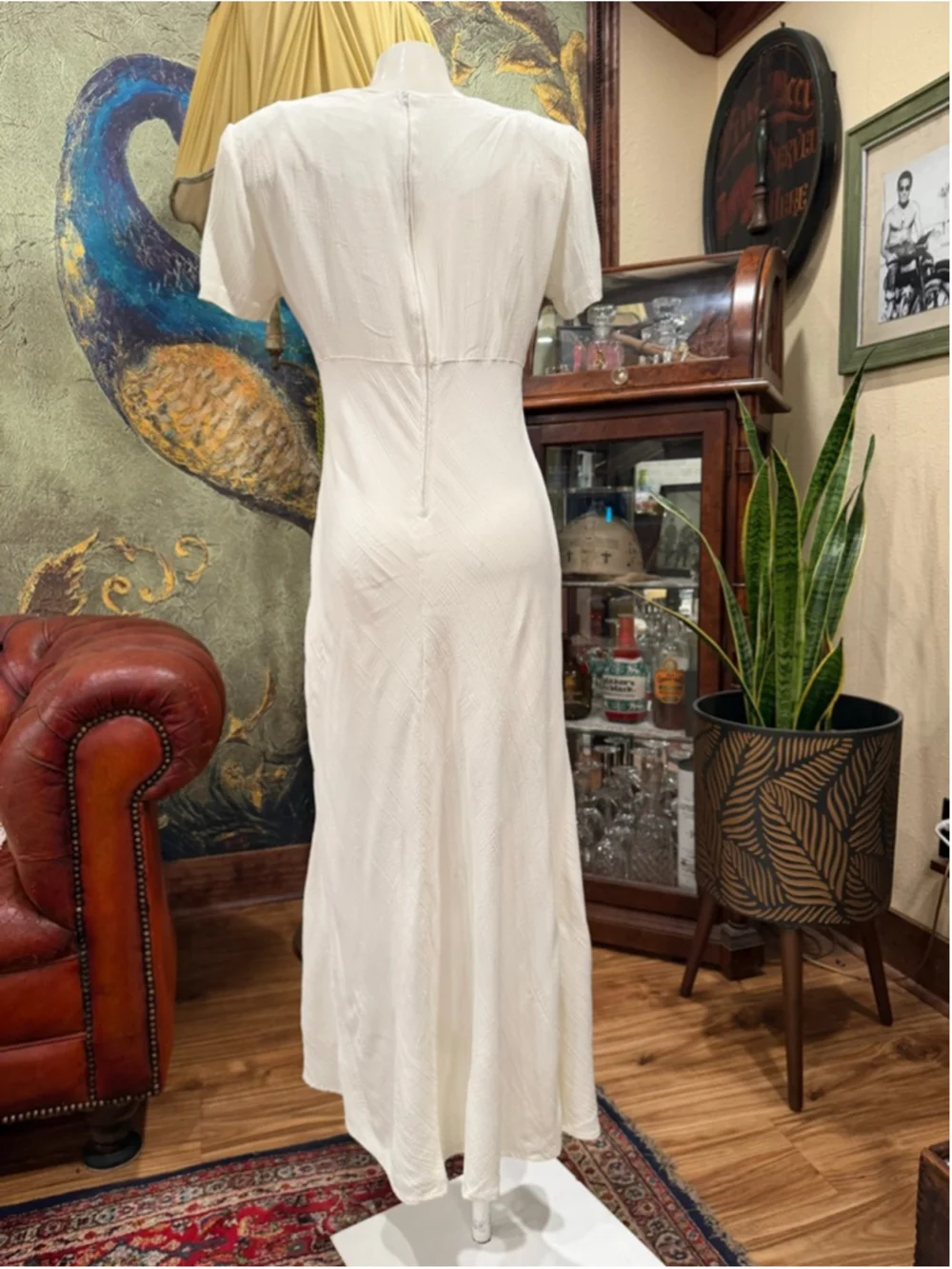 VTG Jay Jacobs Cream Maxi Dress 7/8 Textured Crinkle Minimalist Wedding Bridal